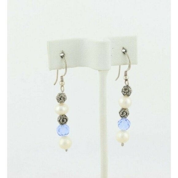 Sterling Silver Pearl and Flower Blue Earrings Dangle Drop Earrings - Picture 4 of 6